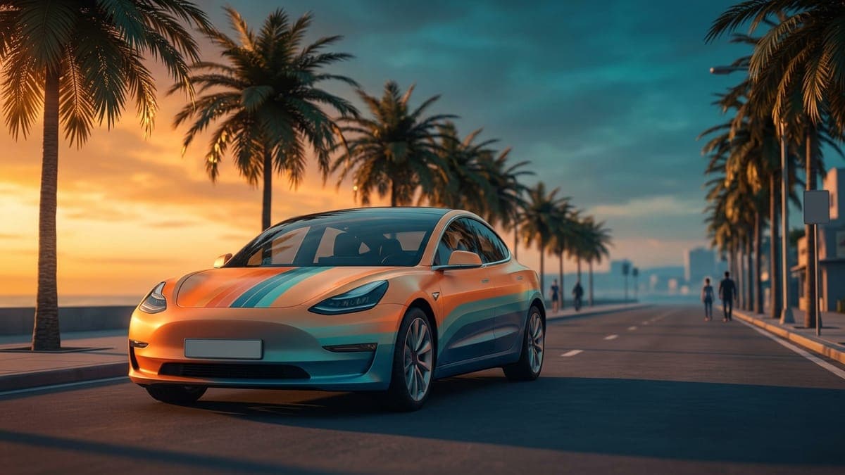 Illustration of an electric sedan in a retro sunset stripe wrap on a palm-lined street, for Model 3 wraps from 2017 to 2023