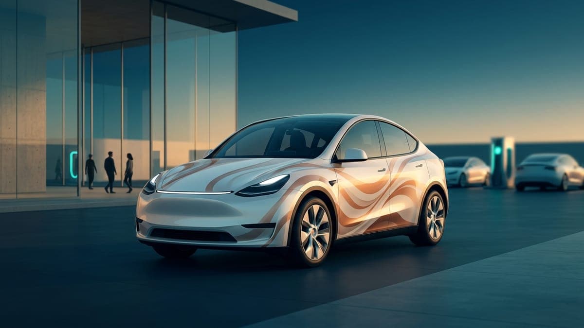 Illustration of a modern electric crossover in a pearl and copper wave wrap, for Tesla Model Y Juniper wraps