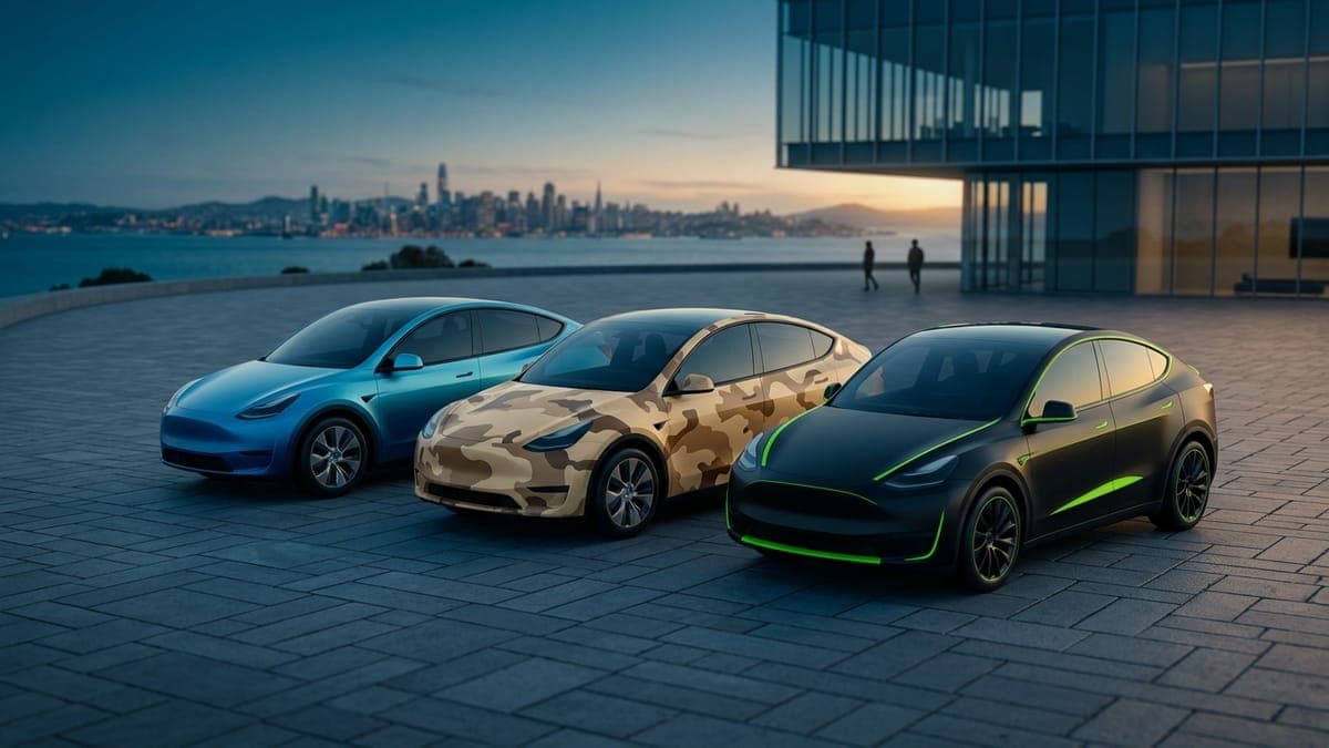 Illustration of three electric crossovers in different wraps on a coastal overlook, for Tesla Model Y wrap ideas