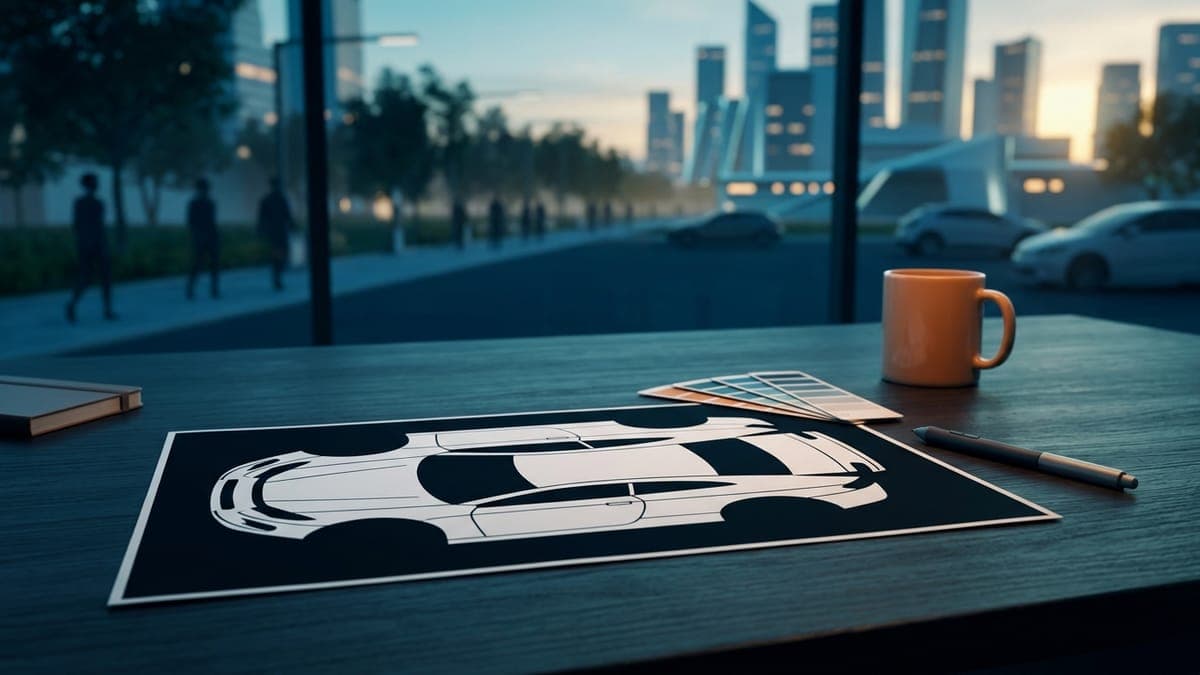 Illustration of a flat car wrap template on a designer desk with swatches, for the Tesla Model Y wrap template