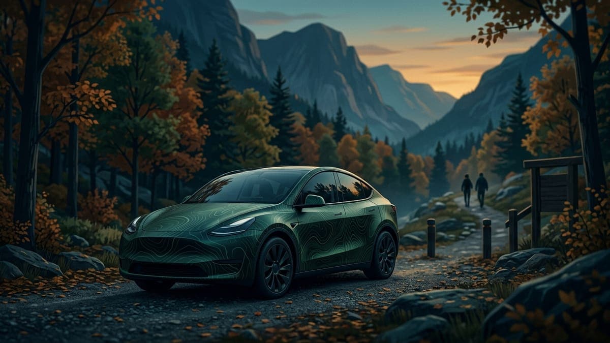 Illustration of an electric crossover in a green topographic wrap at a mountain trailhead, for Model Y wraps from 2020 to 2024