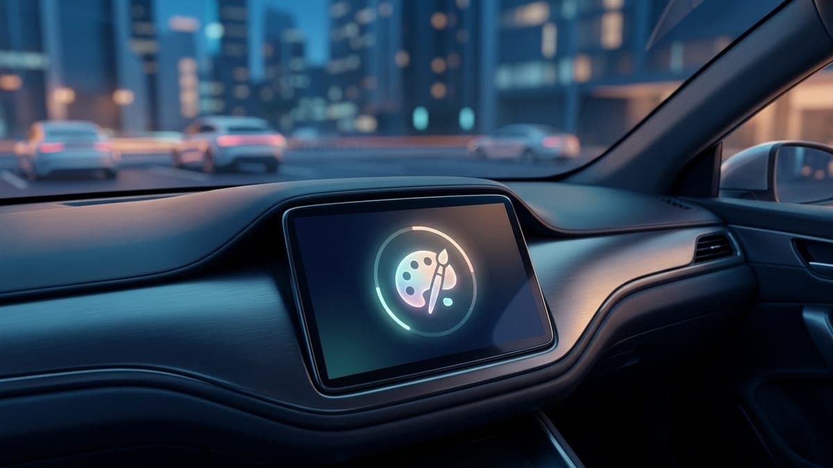 Illustration of a car touchscreen with an abstract paint palette and loading ring, for fixing Tesla Paint Shop