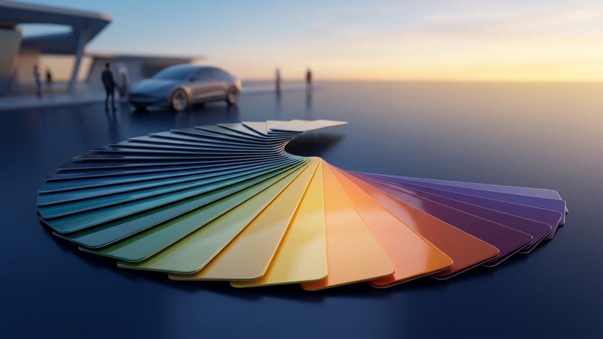 Illustration of a color wheel of glossy vinyl swatches, for the Tesla wrap color guide