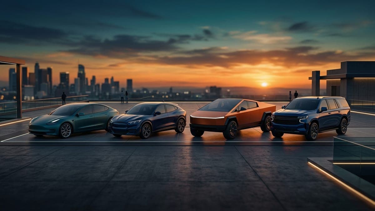 Illustration of four electric vehicles in bold different wraps on a rooftop at sunset, for Tesla wrap ideas