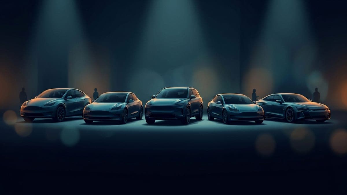 Illustration of five electric vehicles side by side in a dark studio, for which Tesla supports which features