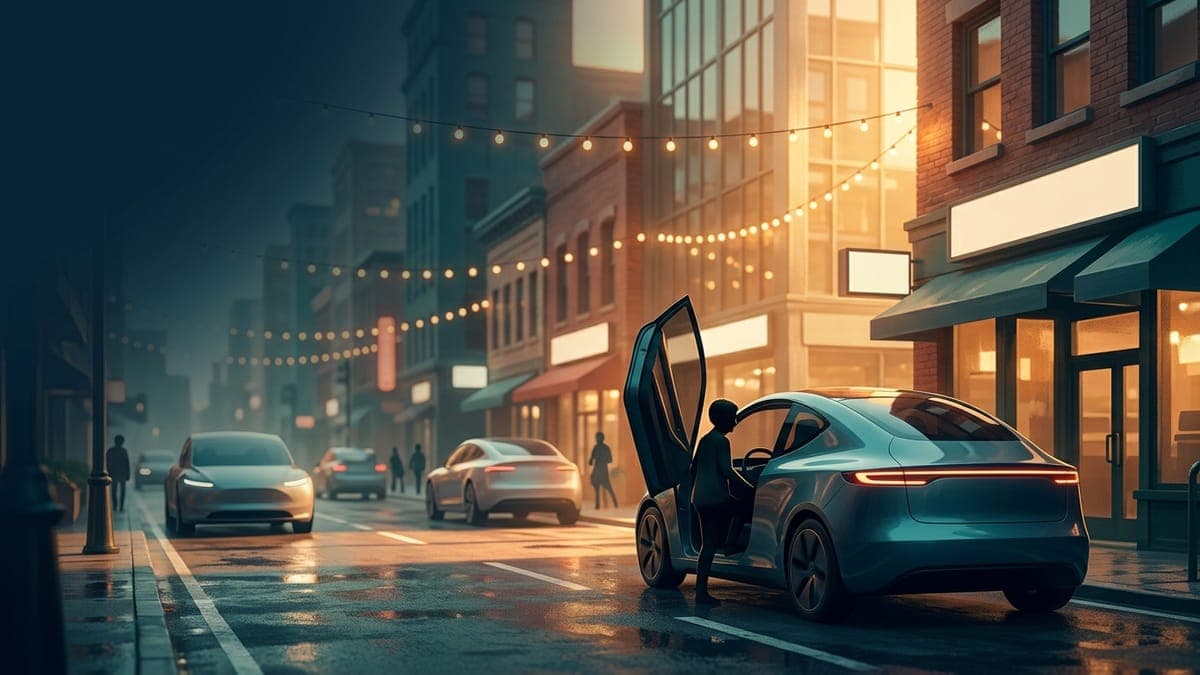 Illustration of a two-seat robotaxi picking up a passenger downtown at golden hour, for Cybercab rides in Austin