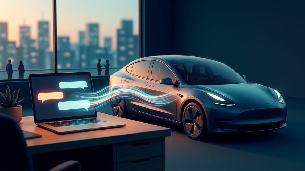 Illustration of a chat on a laptop turning into a wrap on an electric sedan, for asking AI assistants for a Tesla wrap
