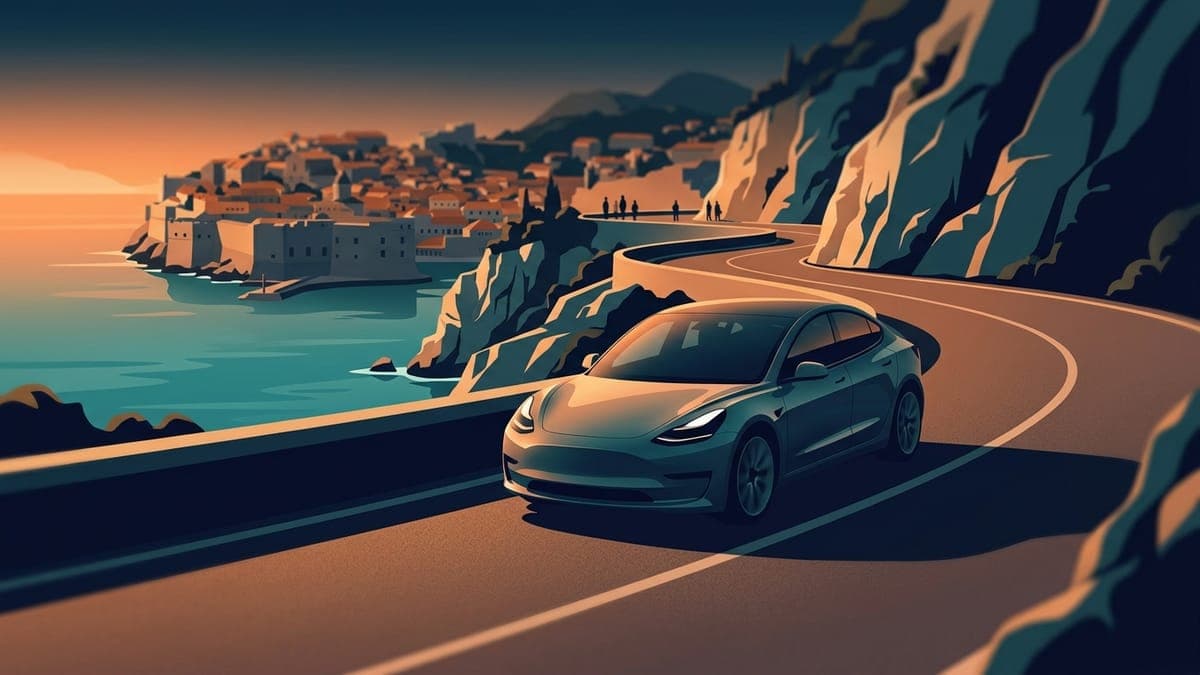 Illustration of an electric sedan driving a Croatian coastal road at sunset, for Tesla FSD Supervised approval in Croatia