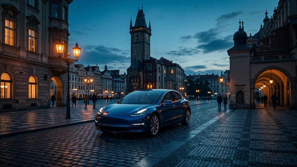 Illustration of an electric sedan driving through a historic central European old town, for FSD Supervised approval in Czechia