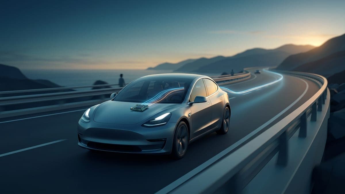 Illustration of an electric sedan on a highway at dawn with light flowing into its dashboard, for FSD v14 Lite on Hardware 3