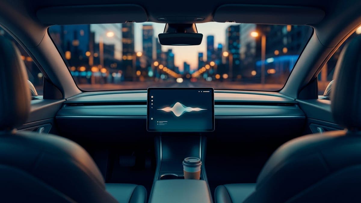 Illustration of a car touchscreen glowing with a voice waveform at night, for Grok Bot arriving in Tesla cars