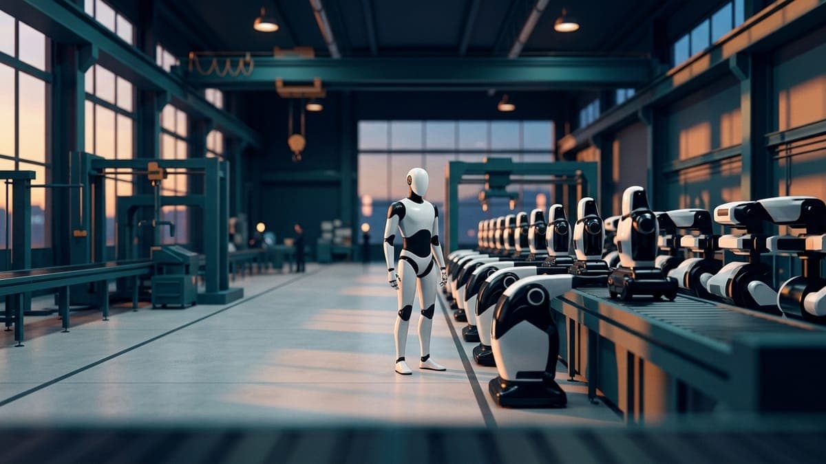 Illustration of a sleek humanoid robot on a factory assembly line, for Optimus V3 moving toward mass production
