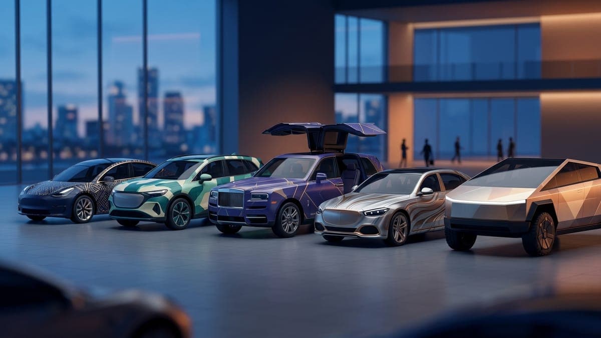 Illustration of five electric vehicles in a showroom, each wearing a different colorful wrap, for Paint Shop reaching every Tesla