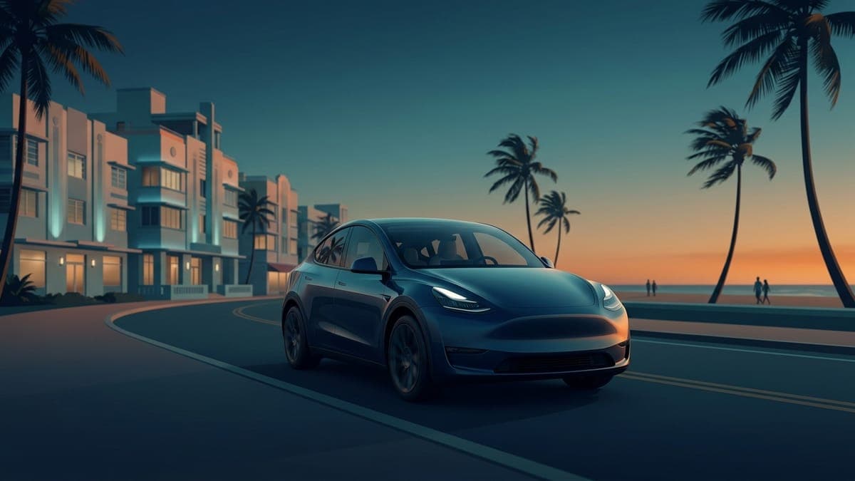 Illustration of a driverless electric crossover on a palm-lined beach boulevard at sunset, for Robotaxi in Miami