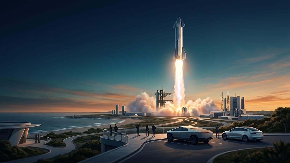 Illustration of a stainless steel rocket climbing above a coastal launch site at dawn, for Starship reaching orbit on Flight 14