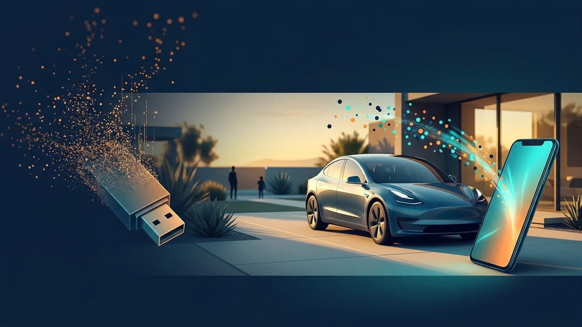 Illustration of a USB drive dissolving while a phone sends a wrap to an electric sedan, for the Summer Update app wrap upload