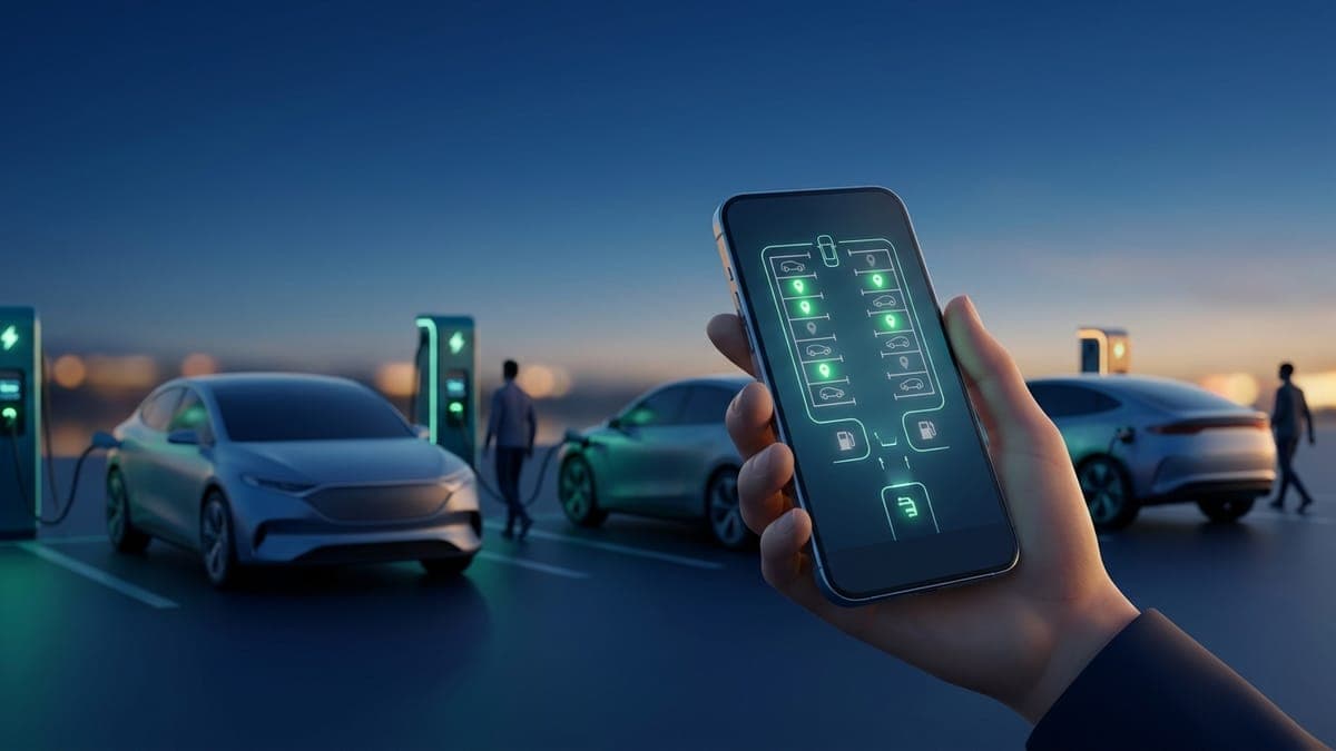 Illustration of a phone showing an abstract charging station map, for Tesla app 4.61 Supercharger site maps
