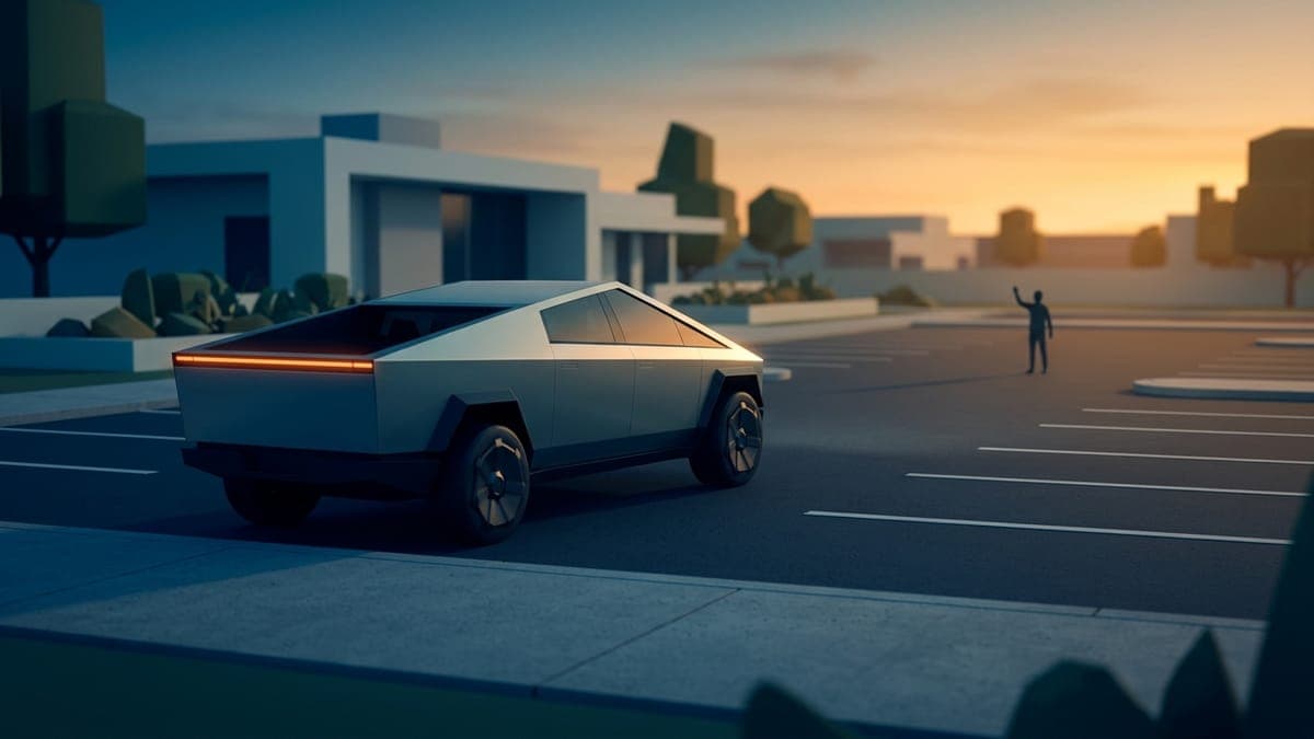 Illustration of an electric pickup driving itself across a parking lot at sunset, for FSD 14.3.4 and Cybertruck Smart Summon