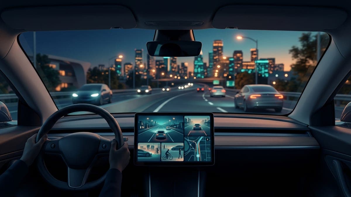 Illustration of a car touchscreen showing camera view tiles, for FSD 14.3.5 and the always-on camera preview