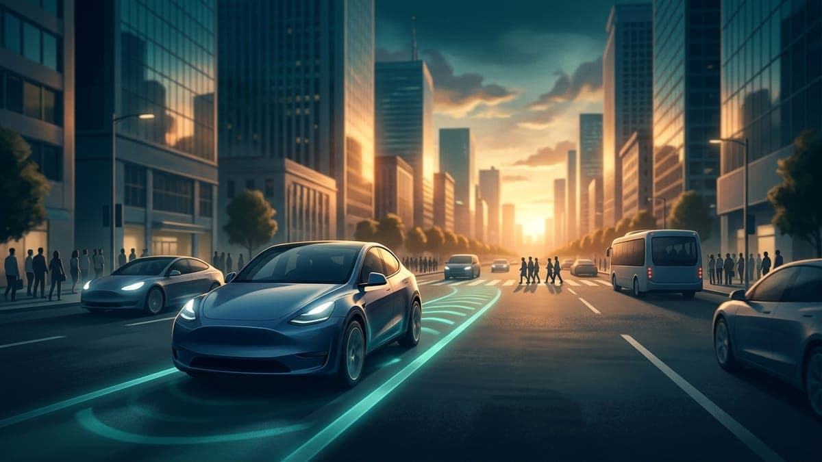 Illustration of an electric crossover navigating a downtown intersection, for the FSD 14.3.8 rollout