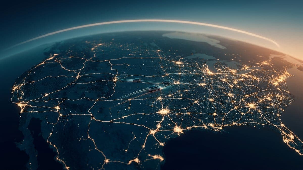 Illustration of a continent of glowing highway light trails at night, for Tesla FSD passing 14 billion miles
