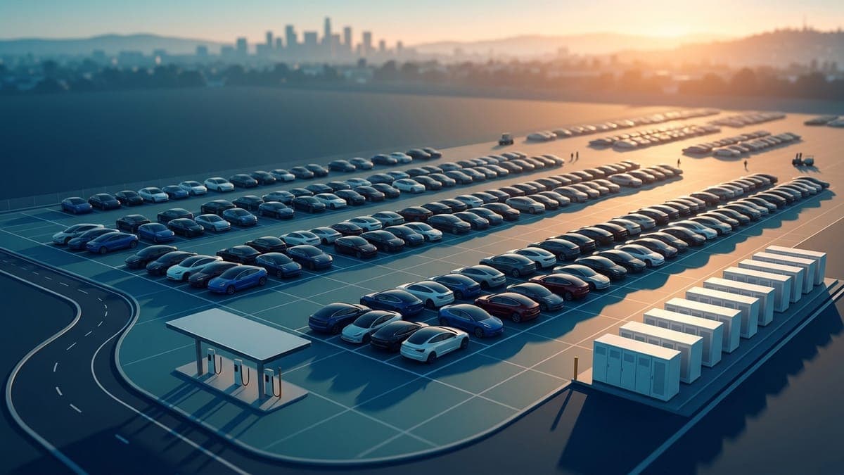 Illustration of a vehicle delivery lot beside grid-scale battery cabinets at sunrise, for the Tesla Q3 2026 deliveries preview