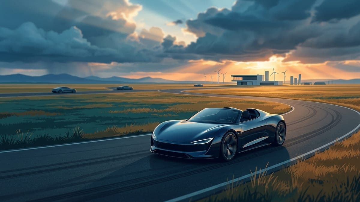 Illustration of a low electric roadster on an open Texas test site under clearing storm clouds, for the Roadster event moving to October 15