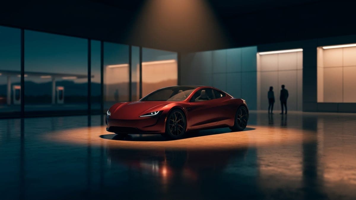 Illustration of a red electric roadster under a spotlight in a dark studio, for Tesla reopening Roadster reservations