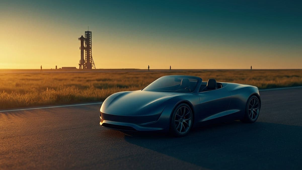 Illustration of a low electric roadster on an open test field near a distant rocket stand, for the Roadster reveal