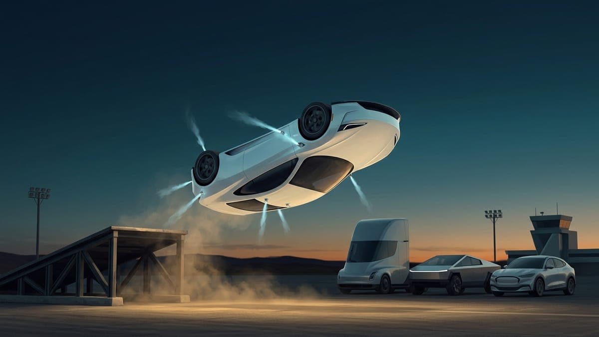 Illustration of a low white electric sports car inverted in mid-air above a line of parked electric vehicles and a semi truck cab, for the Tesla Roadster reveal and its kickflip over a Semi