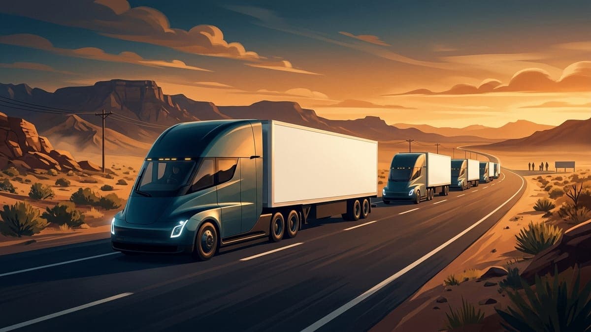 Illustration of a convoy of electric semi trucks on a desert highway, for the Tesla Semi 2,500-truck order