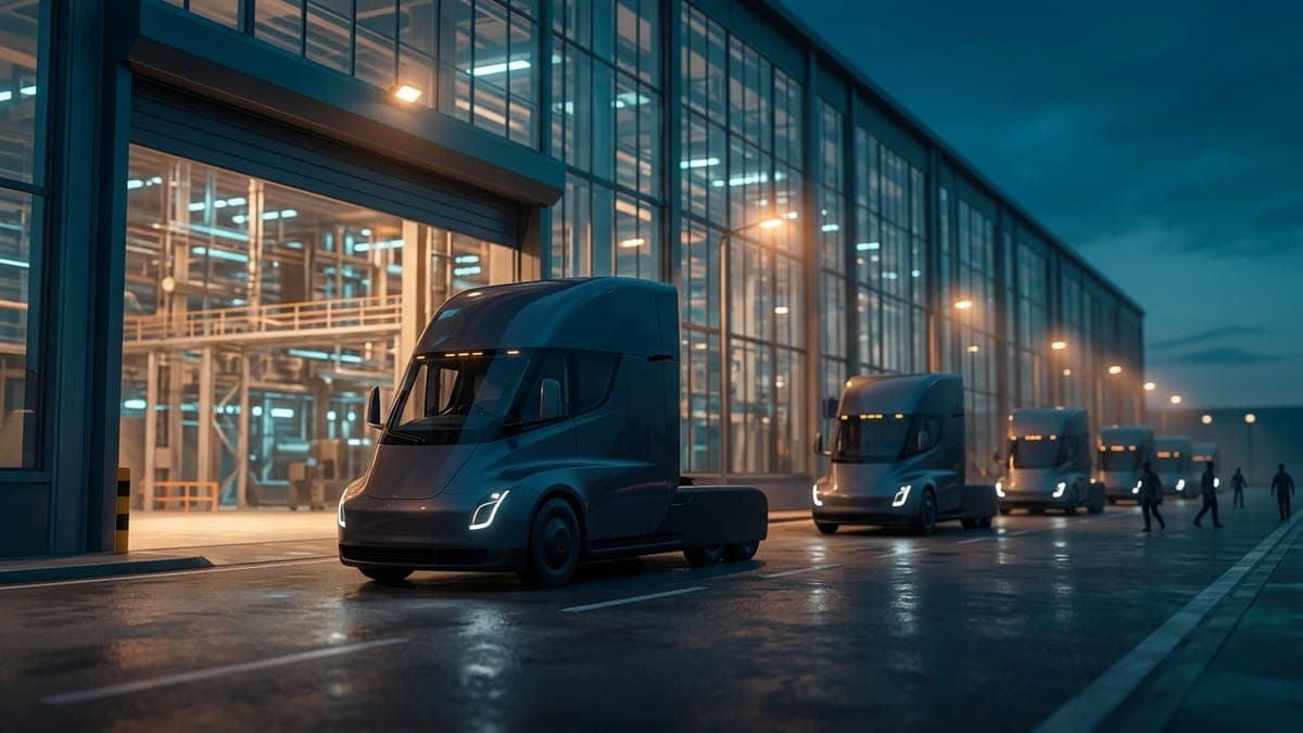 Illustration of an aerodynamic electric semi truck rolling out of a factory at night, for the Tesla Semi launch recap