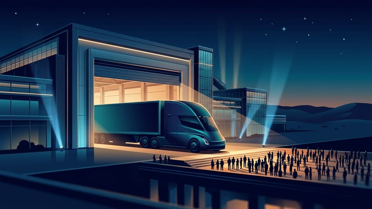 Illustration of an electric semi truck rolling out of a desert factory at a night launch event