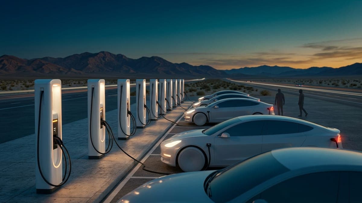 Illustration of a large EV fast-charging station at dusk, for the US Supercharger network passing 40,000 stalls