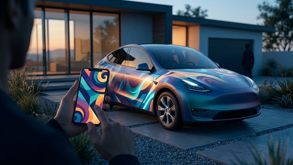 Illustration of a phone sending a wrap pattern to an electric crossover in a driveway, for wrap upload from the Tesla app