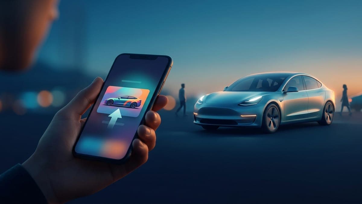 Illustration of a phone uploading a wrap design to an electric sedan, for adding your wrap from the Tesla app