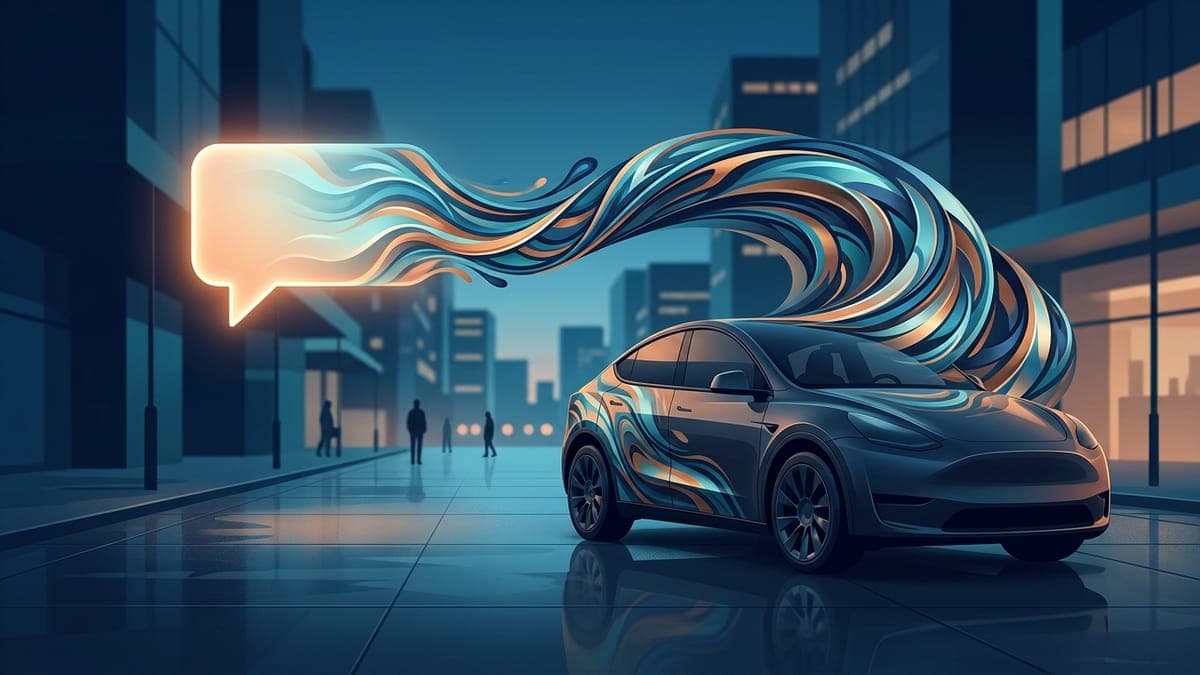 Illustration of a chat bubble turning into wrap patterns on an electric crossover, for AI wrap prompts that work