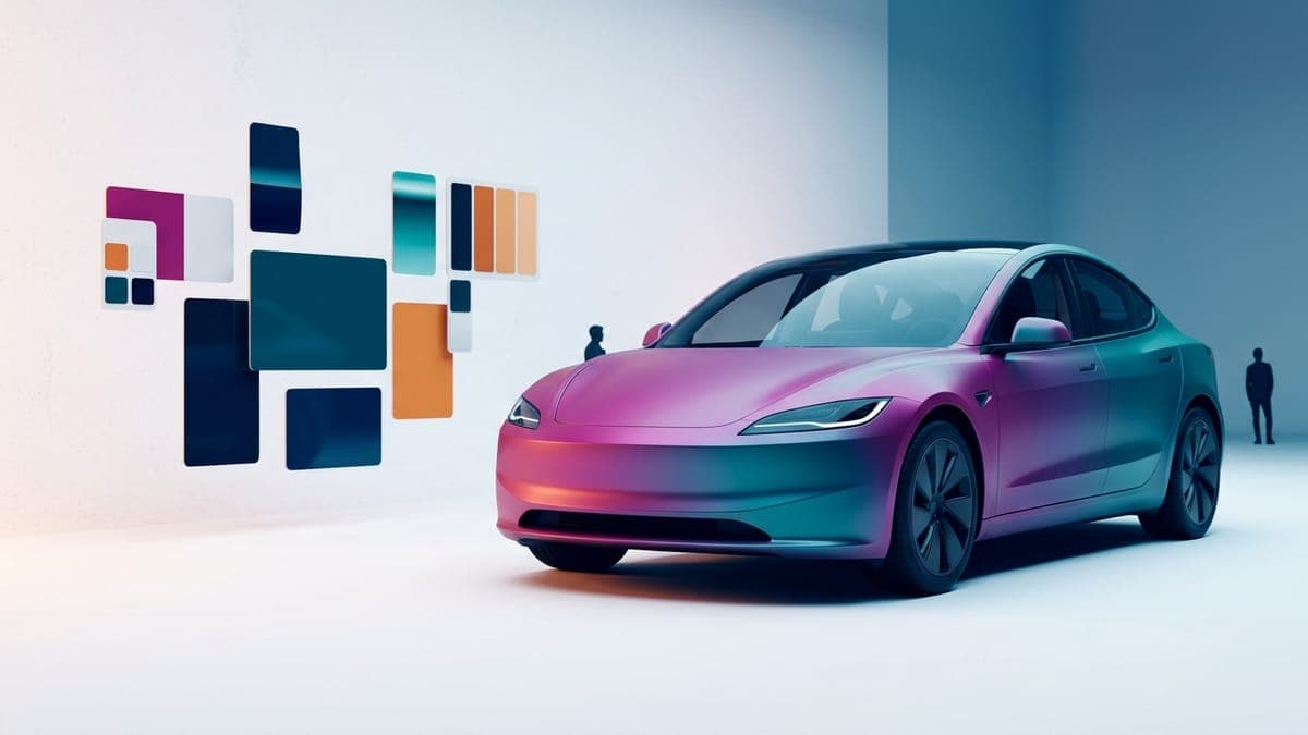 Illustration of an electric sedan in a magenta to teal gradient wrap with palette swatches, for colors and gradients
