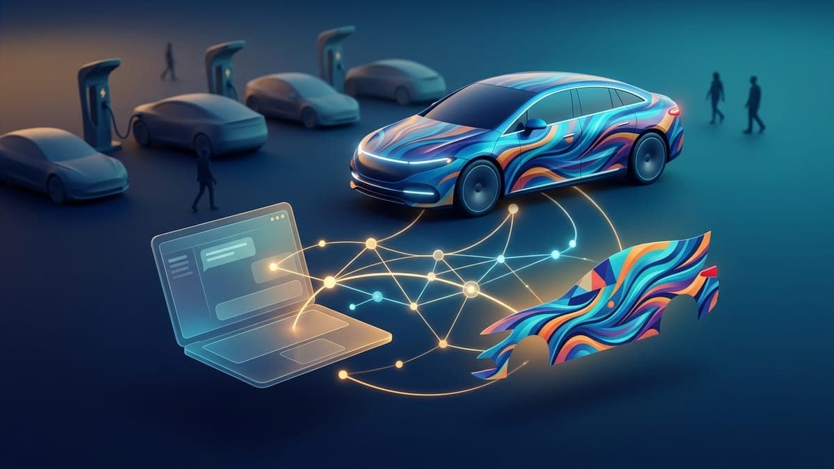 Illustration of glowing connections between a chat window and a car wrap design, for connecting FrunkLab to AI assistants