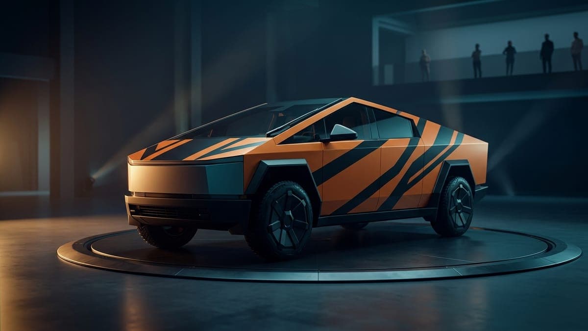 Illustration of an angular electric pickup in an orange and black stripe wrap, for designing for the Cybertruck