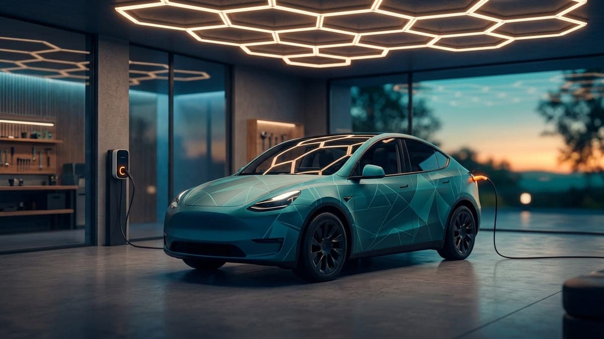Illustration of an electric crossover in a modern garage under a hexagonal ceiling light, for designing in the Garage
