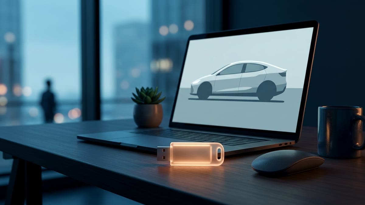 Illustration of a USB drive beside a laptop showing a car wrap template, for exporting your wrap to USB