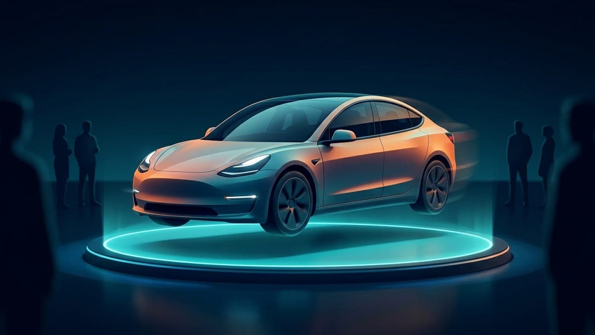 Illustration of an electric sedan rotating on a glowing platform, for using the 3D preview