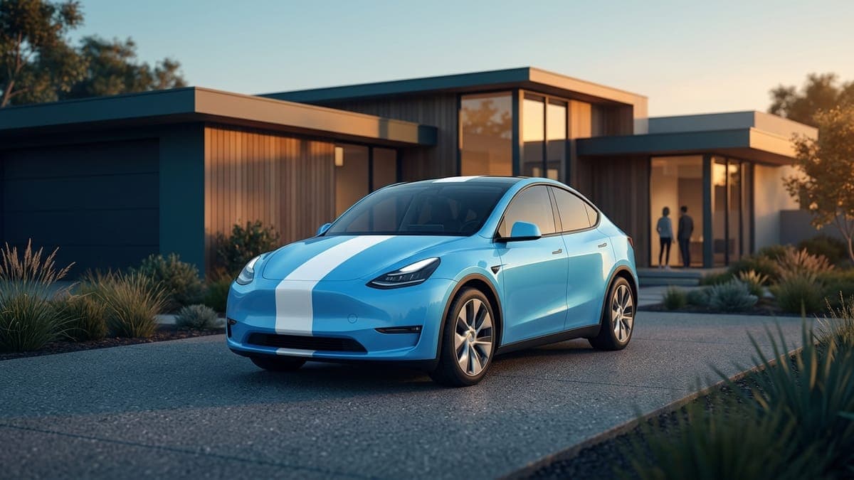 Illustration of an electric crossover in a simple sky blue wrap in a driveway, for your first Tesla wrap