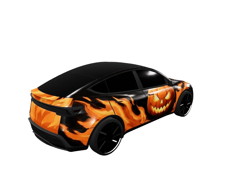 Matte Black Pumpkin Flame custom Tesla Model Y wrap design