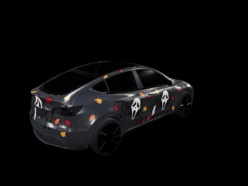 Ghost Face Autumn Leaves custom Tesla Model Y wrap design