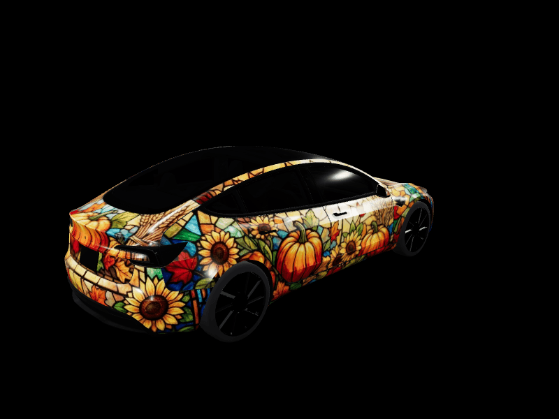 Model 3 Highland wearing the Stained Glass Harvest wrap: jewel-tone glass pumpkins, sunflowers and wheat with black leading lines