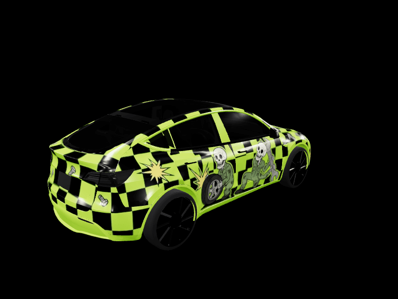 2020-2024 Model Y wearing the Skeleton Crew wrap: cartoon skeleton mechanics with wrenches on a lime green and black checkerboard