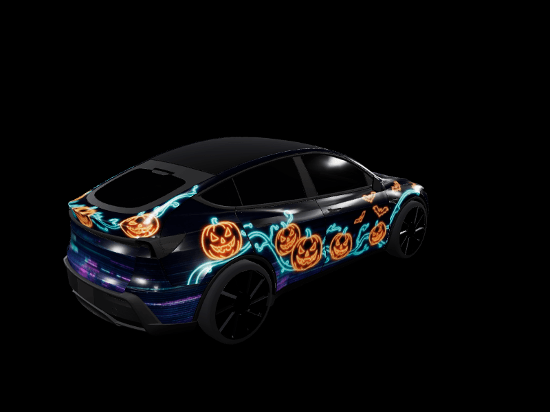 Model Y Juniper wearing the Haunted Highway wrap: glowing orange jack-o-lanterns on cyan circuit-board vines over a midnight black body