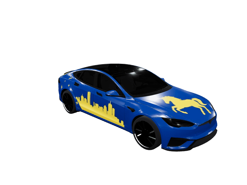 Matte Blue Boston Skyline custom Tesla Model S wrap design